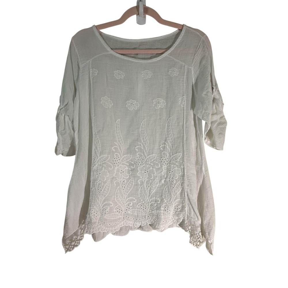 Made in Italy White Cotton Floral Embroidered Eyelet Lace Tunic Blouse Top